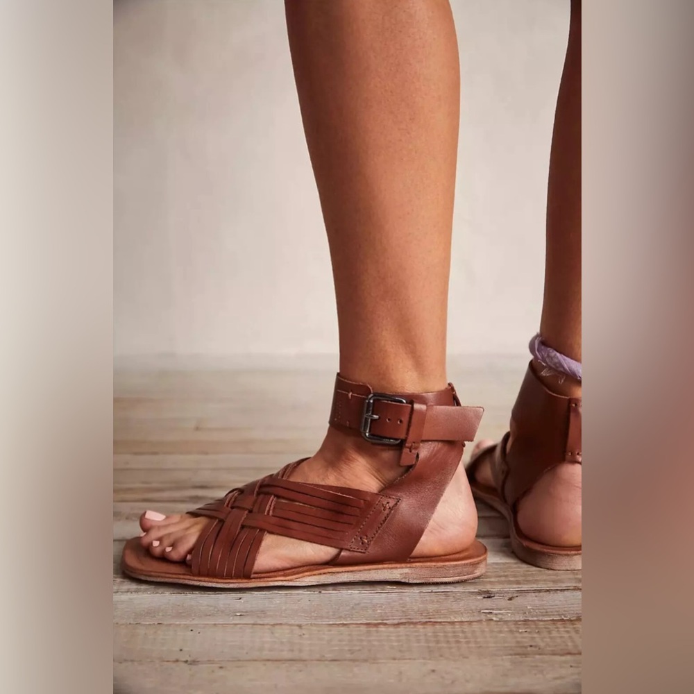 Free People Brown Leather Ankle-Strap Woven Sandals